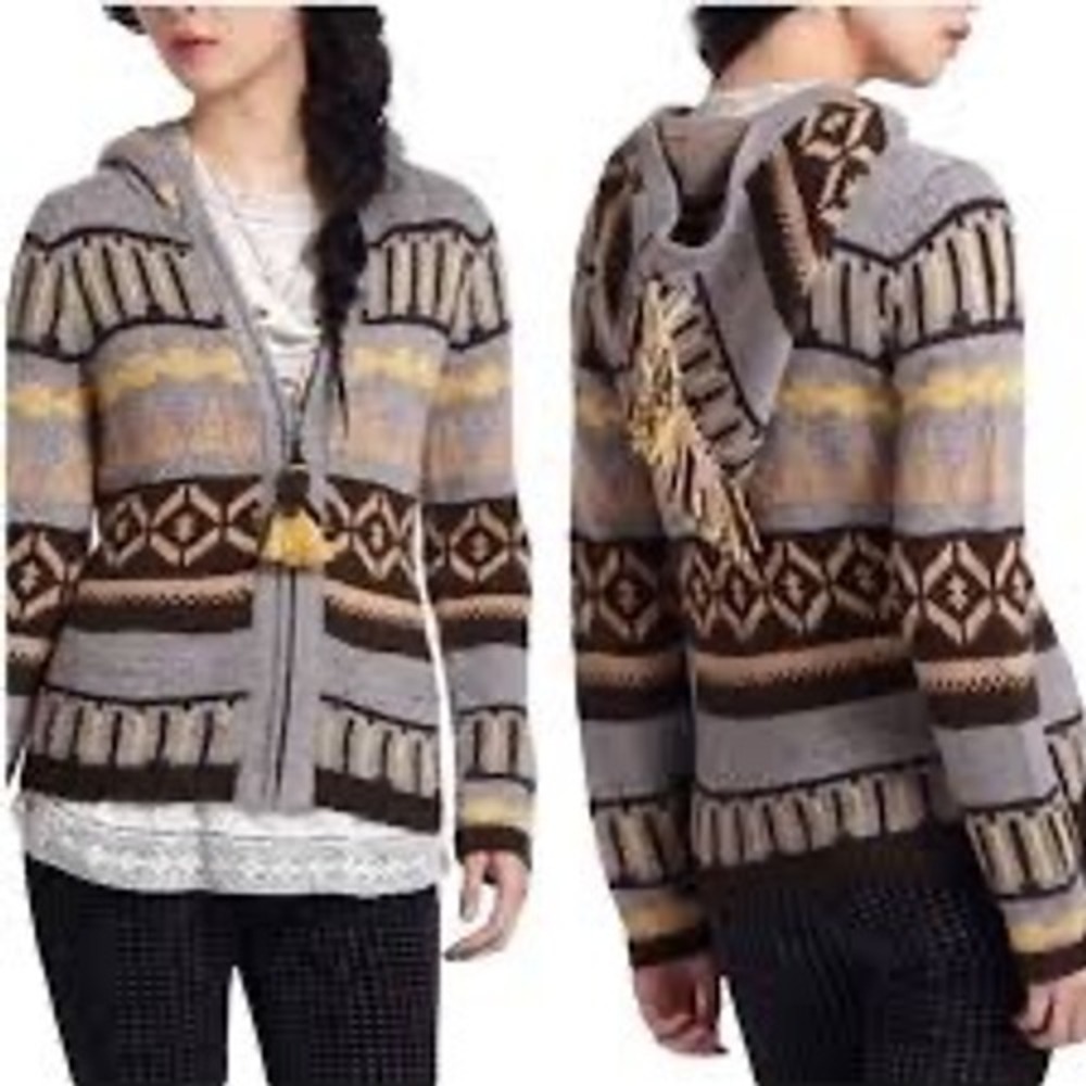 Sparrow Anthropologie Womens Southwestern‎ Fair Isle Hooded Zip Cardigan Sweater